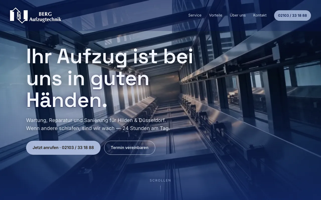 BERG Aufzugtechnik website: elevator shaft with the claim “Ihr Aufzug ist bei uns in guten Händen”