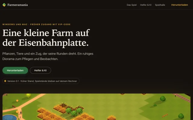 Farmeramania: kleine Farm auf der Eisenbahnplatte mit Feldern, Bäumen und Pfad