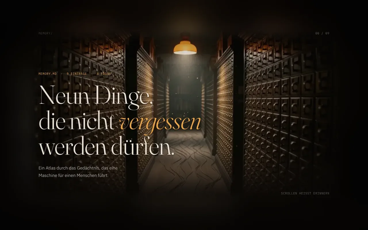 Gedächtnis-Atlas: a dark archive of drawers under a single lamp