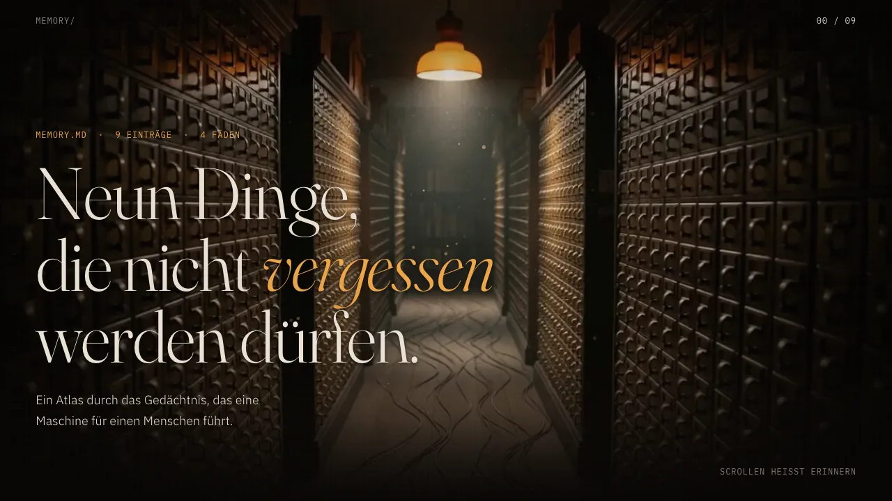Gedächtnis-Atlas: a dark archive of drawers under a single lamp