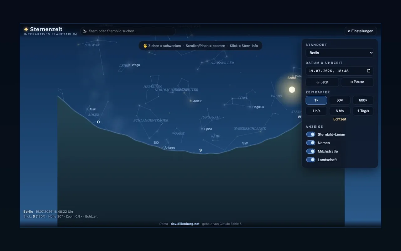 Sternenzelt: interactive planetarium showing the night sky over Berlin